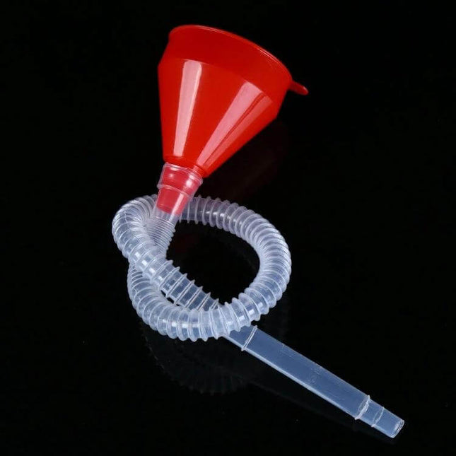 Plastic Funnel for Pouring Oil into Vehicles with Soft Pipe - red plastic funnel with clear flexible hose for spill-free vehicle oil pouring