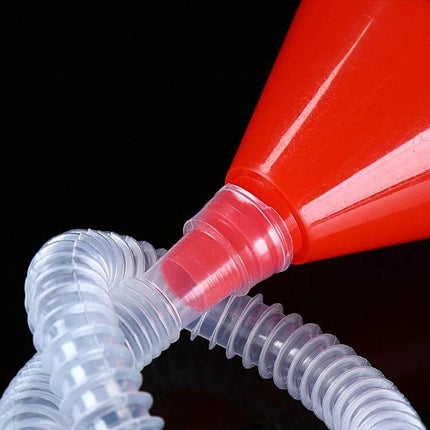 Plastic Funnel for Pouring Oil into Vehicles with Soft Pipe - red plastic funnel with clear flexible hose for spill-free oil changes