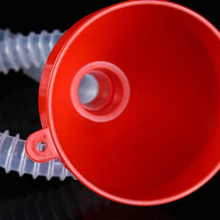 Plastic Funnel for Pouring Oil into Vehicles with Soft Pipe – red plastic funnel with clear flexible spout for spill-free vehicle oil filling