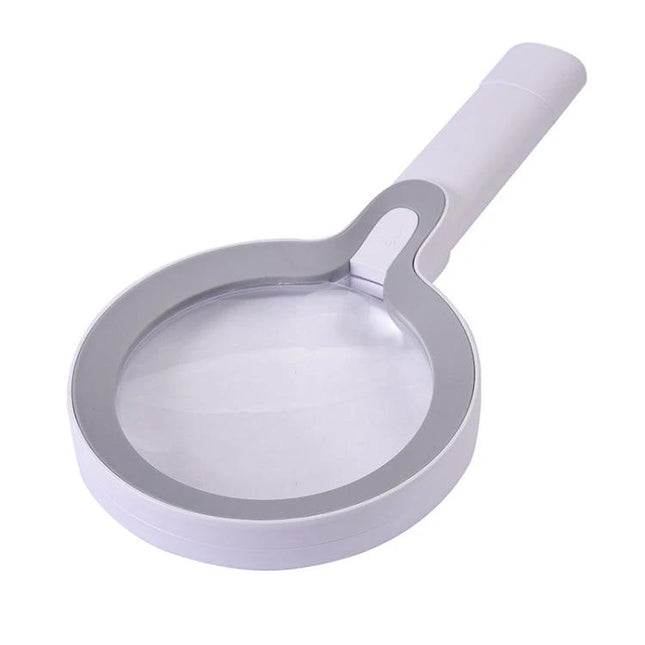 Hand-Held Magnifying Glass with LED Lights for Reading and Elderly Use - white handheld magnifier with dual lens and LED lights for reading and jewelry