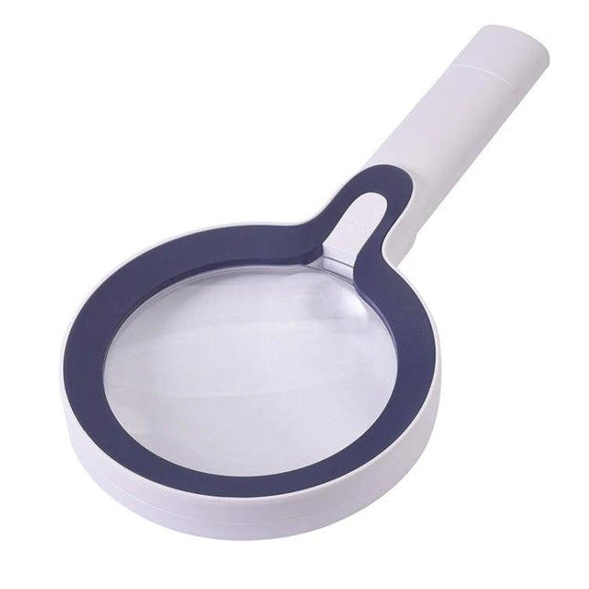 Hand-Held Magnifying Glass with LED Lights for Reading and Elderly Use - white handheld dual-lens magnifier with LED ring for reading and close work