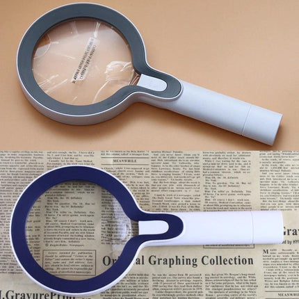 Hand-Held Magnifying Glass with LED Lights for Reading and Elderly Use showing dual lenses and illuminated handle for reading and close-up tasks
