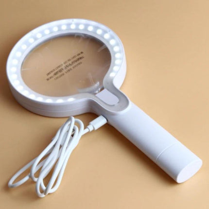 Hand-Held Magnifying Glass with LED Lights for Reading and Elderly Use showing dual lenses and ring LEDs for detailed reading and low-light tasks