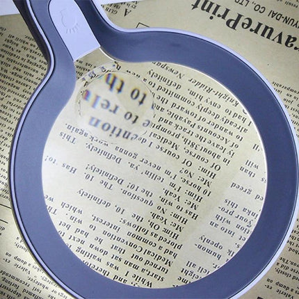 Alt Tag: Hand-Held Magnifying Glass with LED Lights for Reading and Elderly Use showing dual lenses over text with LED illumination