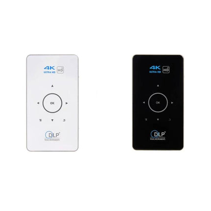Portable Mini Projector for Home and Mobile Viewing remote controls in white and black, 4K DLP compact remotes for easy wireless operation