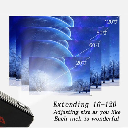 Portable Mini Projector for Home and Mobile Viewing showing projected screen sizes from 16 to 120 inches with electric focus and 1080P clarity