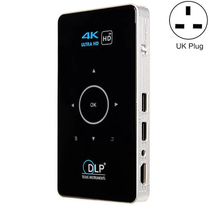 Portable Mini Projector for Home and Mobile Viewing compact DLP 4K UHD black remote-style control with side HDMI and USB ports, UK plug icon