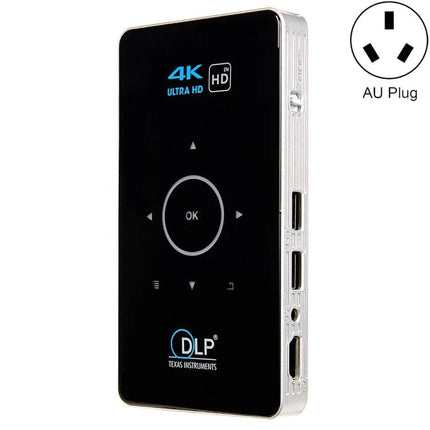 Portable Mini Projector for Home and Mobile Viewing compact black DLP 4K remote-style portable projector with side ports and AU plug icon