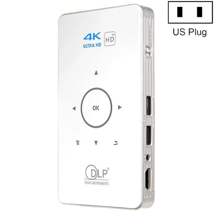 Portable Mini Projector for Home and Mobile Viewing white DLP 4K ultra HD compact unit with remote control buttons and side HDMI/USB ports