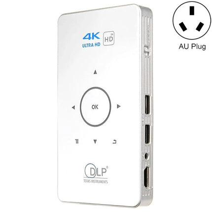 Portable Mini Projector for Home and Mobile Viewing - white compact DLP mini projector with 4K label, side ports and AU plug option