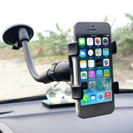 Universal Car Phone Holder With Suction Cup For Windshield Black mounted on windshield holding smartphone for GPS and hands-free use