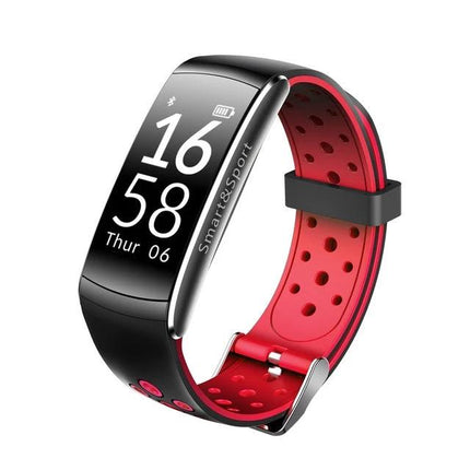 Reliable Watch for Monitoring Daily Health and Fitness Routines - black smart fitness tracker with red perforated band showing time and heart rate icon