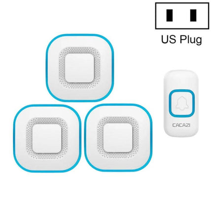 CACAZI Wireless Music Doorbell for Home Entry Alerts with Plugs - white wireless button and three blue-trim plug-in receivers