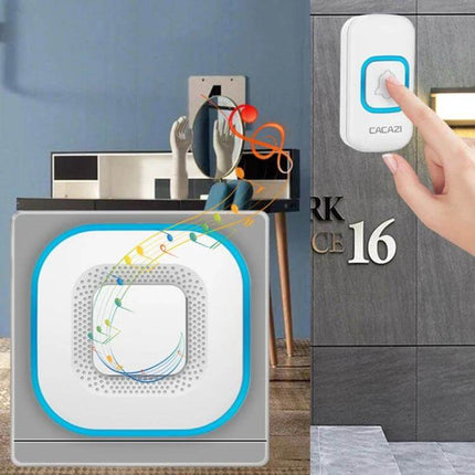 CACAZI Wireless Music Doorbell for Home Entry Alerts with Plugs - white wireless button and plugged receiver playing tunes