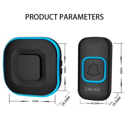 CACAZI Wireless Music Doorbell for Home Entry Alerts with Plugs - black receiver and push button with blue trim, dimensions shown