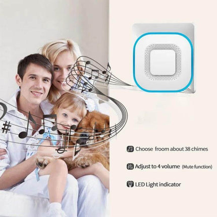 CACAZI Wireless Music Doorbell for Home Entry Alerts with Plugs showing plug-in receiver, 38 chimes, LED light and family using it