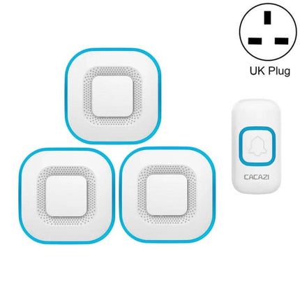 CACAZI Wireless Music Doorbell for Home Entry Alerts with Plugs – set of 3 white blue plug-in receivers with wireless push button (UK plug)