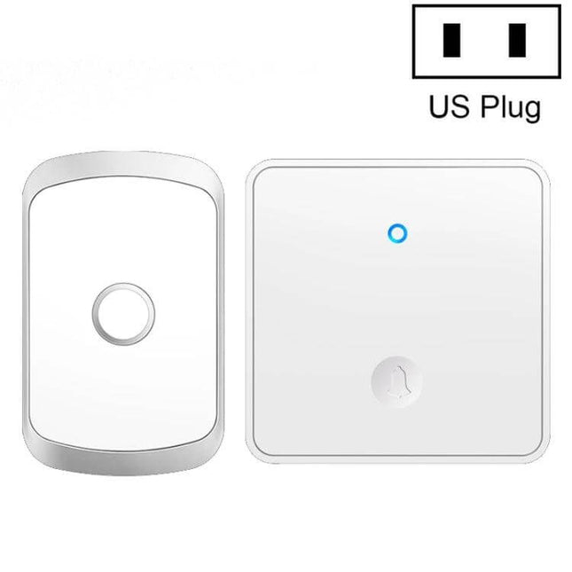 CACAZI Push-Button Wireless Doorbell for Multiple Regions white US plug receiver and transmitter showing single button and LED indicator, 150m range, 60 chimes