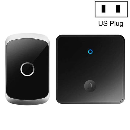 CACAZI Push-Button Wireless Doorbell for Multiple Regions showing black transmitter and US plug receiver with blue LED