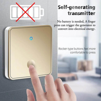 CACAZI Push-Button Wireless Doorbell for Multiple Regions self-generating battery-free gold transmitter being pressed on wall