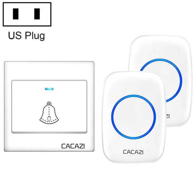 CACAZI Wireless Music Doorbell for Home Entry Notification - white wall transmitter and two wireless receivers with blue LED rings