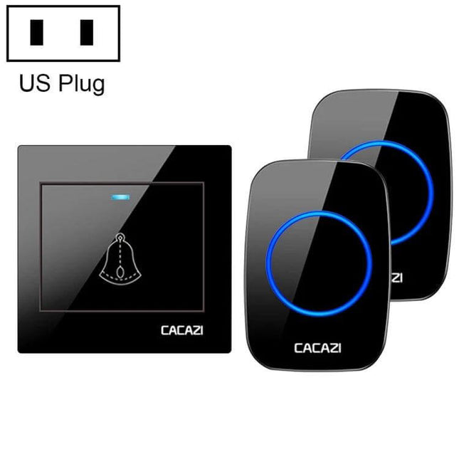 CACAZI Wireless Music Doorbell for Home Entry Notification - black glossy touch transmitter and two plug-in receivers with blue ring LEDs