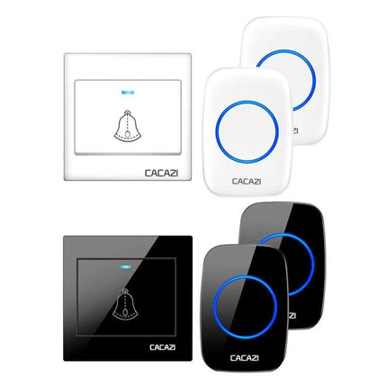 CACAZI Wireless Music Doorbell for Home Entry Notification showing white and black receivers with transmitters and blue LED rings