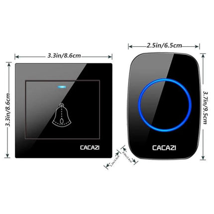 CACAZI Wireless Music Doorbell for Home Entry Notification sleek black transmitter and receiver with blue ring and dimensions