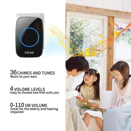 CACAZI Wireless Music Doorbell for Home Entry Notification indoor receiver showing 36 chimes, 4 volume levels and family at home