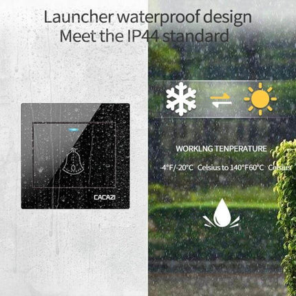 CACAZI Wireless Music Doorbell for Home Entry Notification showing waterproof IP44 outdoor transmitter in rain with temperature icons