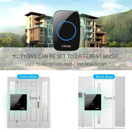 CACAZI Wireless Music Doorbell for Home Entry Notification showing transmitter and receiver with customizable tones and flashing light
