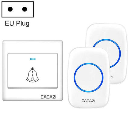 CACAZI Wireless Music Doorbell for Home Entry Notification showing wall transmitter and two wireless receivers with blue ring lights