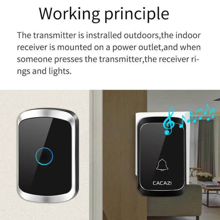CACAZI Wireless Music Doorbell for Home Notifications showing outdoor transmitter and indoor receiver plugged into outlet with music notes