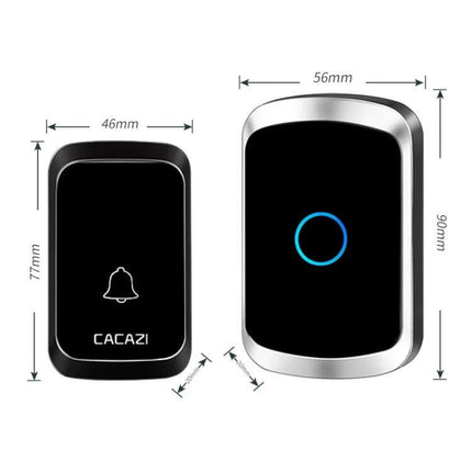 CACAZI Wireless Music Doorbell for Home Notifications showing transmitter and receiver with dimensions