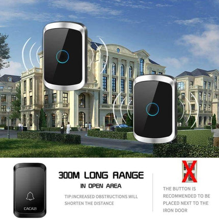 CACAZI Wireless Music Doorbell for Home Notifications showing dual receivers and long range in front of a large home