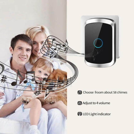 CACAZI Wireless Music Doorbell for Home Notifications showing receiver, family at home, musical notes and features