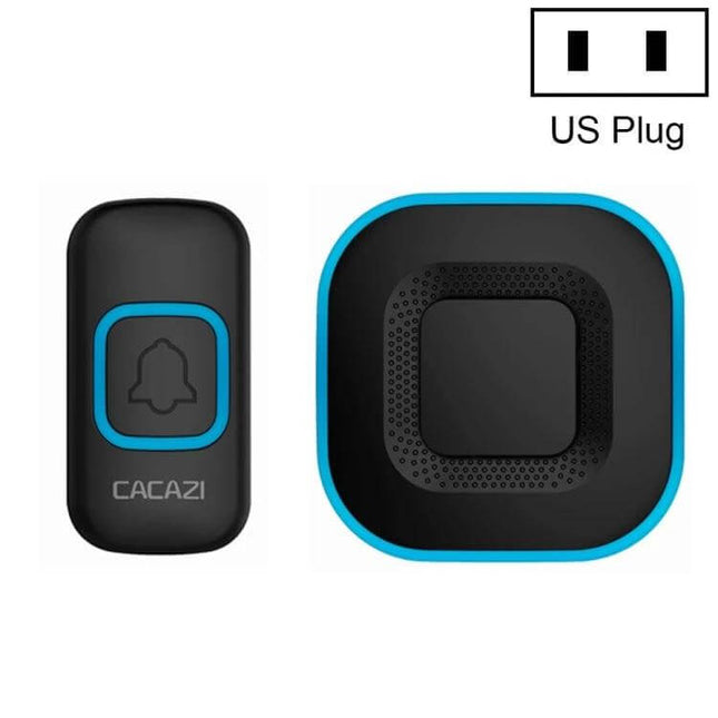CACAZI Wireless Music Doorbell for Home with International Plugs black blue receiver and push button showing US plug compatibility