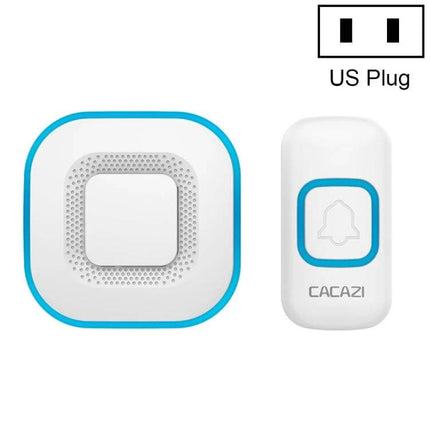 CACAZI Wireless Music Doorbell for Home with International Plugs showing white blue receiver and push button with US plug icon
