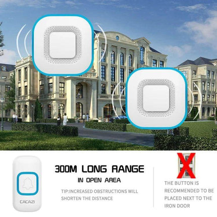 CACAZI Wireless Music Doorbell for Home with International Plugs showing two white blue receivers and transmitter in front of a large house, 300m range