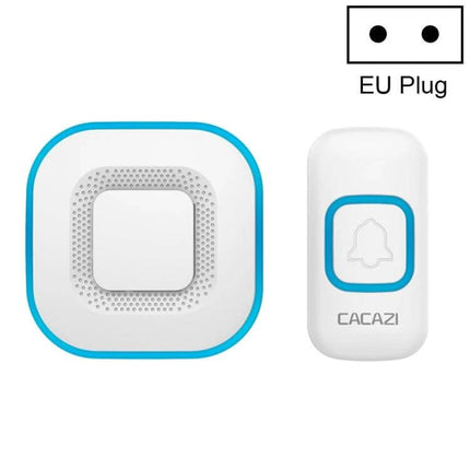 Alt Tag: CACAZI Wireless Music Doorbell for Home with International Plugs white blue receiver and button with EU plug icon