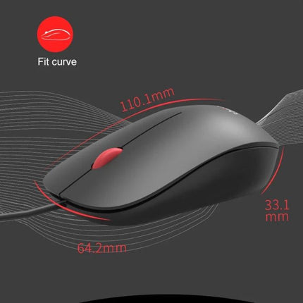 Lenovo Thinkplus M80 Ergonomic Office Laptop Mouse in red and black wired design showing dimensions and ergonomic curve