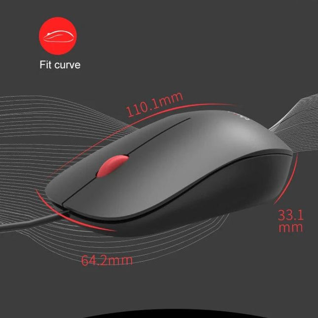 Lenovo Thinkplus M80 Ergonomic Office Laptop Mouse in red and black wired design showing dimensions and ergonomic curve
