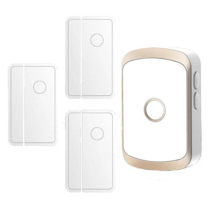 CACAZI Smart Wireless Doorbell for Door Opening Alerts - white wireless sensor set with gold-trim chime unit for home and elderly monitoring