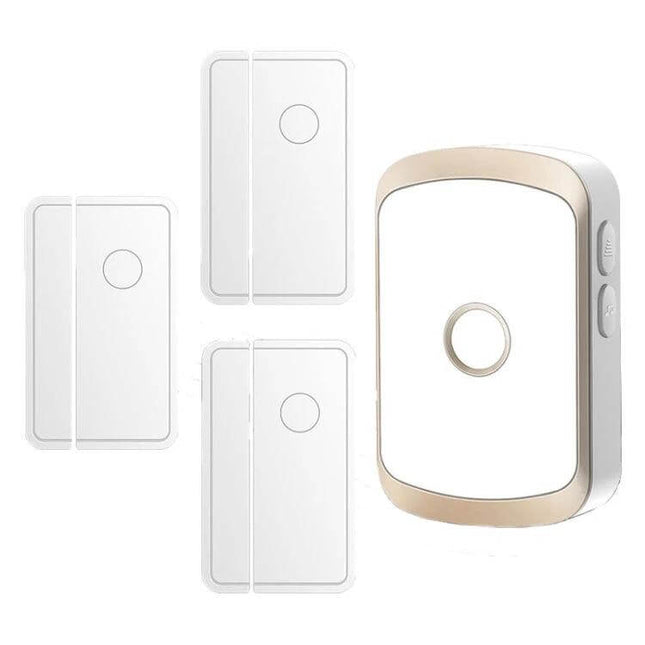 CACAZI Smart Wireless Doorbell for Door Opening Alerts - white wireless sensor set with gold-trim chime unit for home and elderly monitoring