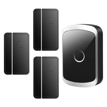 CACAZI Smart Wireless Doorbell for Door Opening Alerts black chime receiver with three magnetic door sensors, wireless door activity monitoring