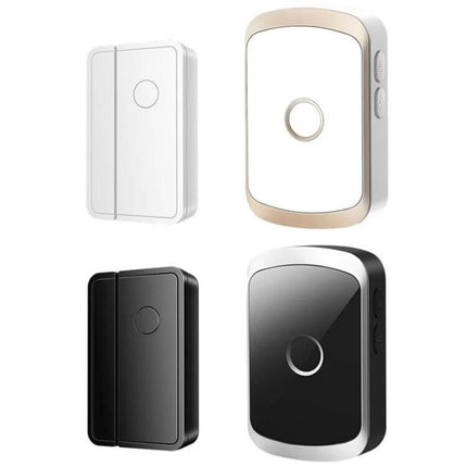 CACAZI Smart Wireless Doorbell for Door Opening Alerts showing white and black wireless chime units and door sensors