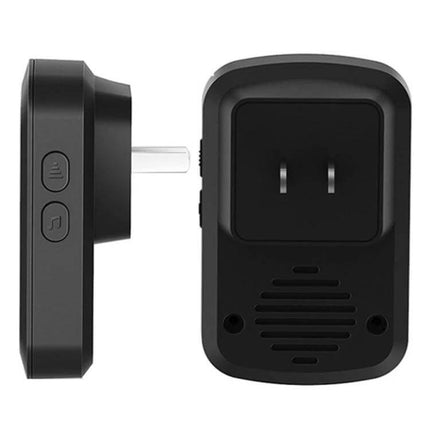 CACAZI Smart Wireless Doorbell for Door Opening Alerts compact black plug-in receiver showing front and side controls for home monitoring