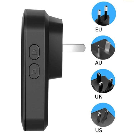 CACAZI Smart Wireless Doorbell for Door Opening Alerts - black plug-in receiver showing side buttons with EU AU UK US adapter options