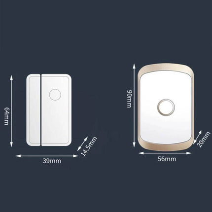 CACAZI Smart Wireless Doorbell for Door Opening Alerts showing dimensions of sensor (64x39x14.5mm) and chime unit (90x56x20mm) on dark background