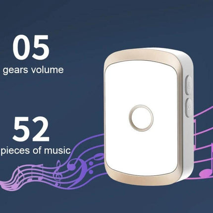 CACAZI Smart Wireless Doorbell for Door Opening Alerts — white/gold wireless chime unit showing volume control and 52 melody options